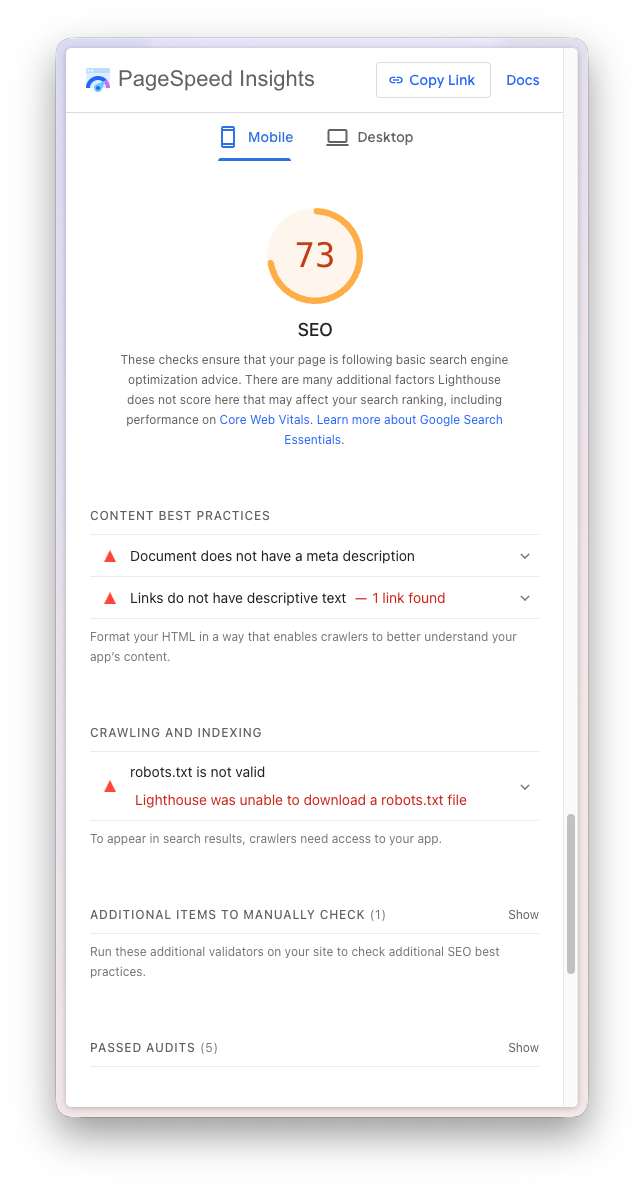 Screenshot of a Lighthouse report's list of issues