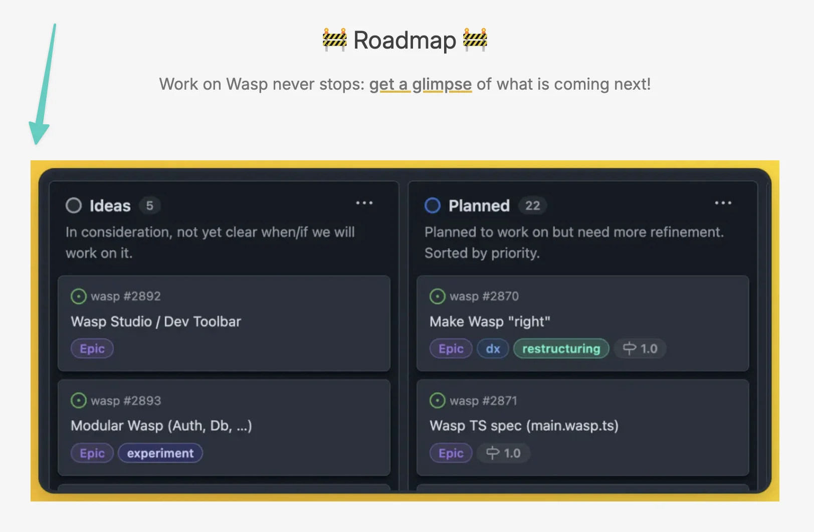A screenshot of Wasp's GitHub project board pasted straight into the landing page, low-resolution and visibly mismatched with the surrounding light theme